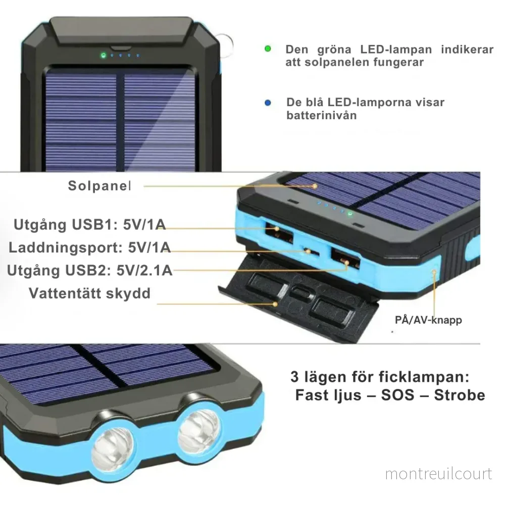 Solcells-Powerbank med dubbel laddning (USB och solcell) - Bild 3