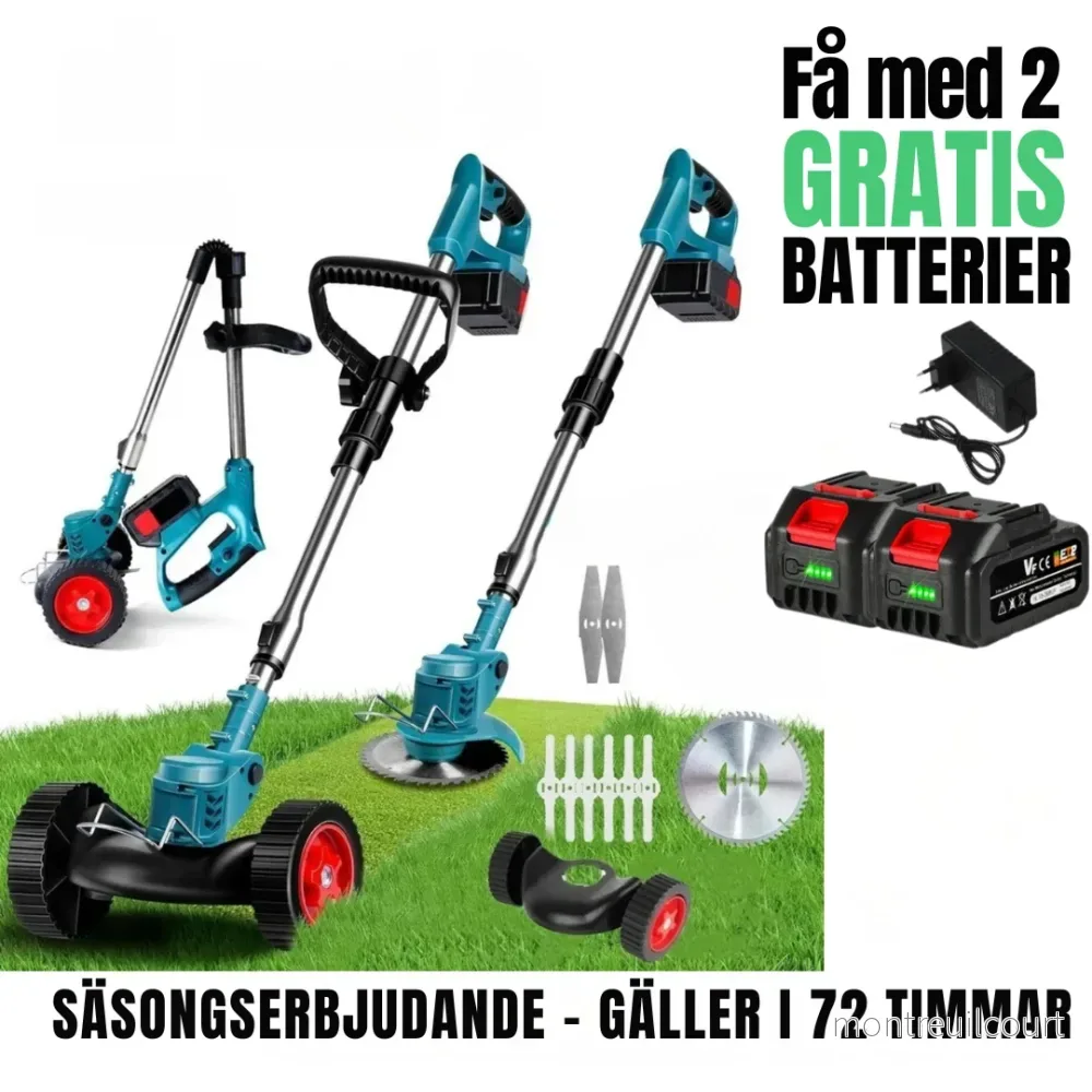 Trådlös & Hopfällbar Grästrimmer 21V – Justerbar Höjd, Hjul & 3 Bladtyper