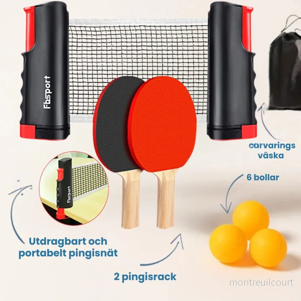 Portabelt bordtennis-set – Utdragbart pingisnät + racketar & bollar