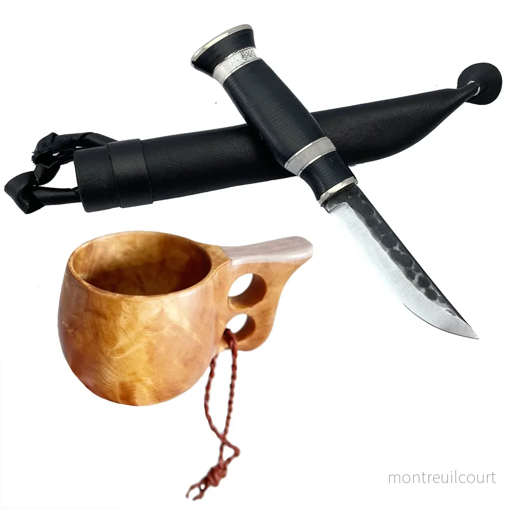 Set friluftsliv 2-hålskåsa m renhorn + Kniv 9,5 cm renhorn, läder & metall Set friluftsliv 2-hålskåsa m renhorn + Kniv 9,5 cm renhorn, läder & metall