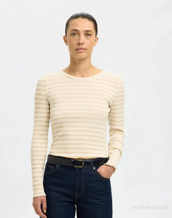 SELECTED – ANNA LS CREW NECK TEE – OATMEAL/ SNOW WHITE