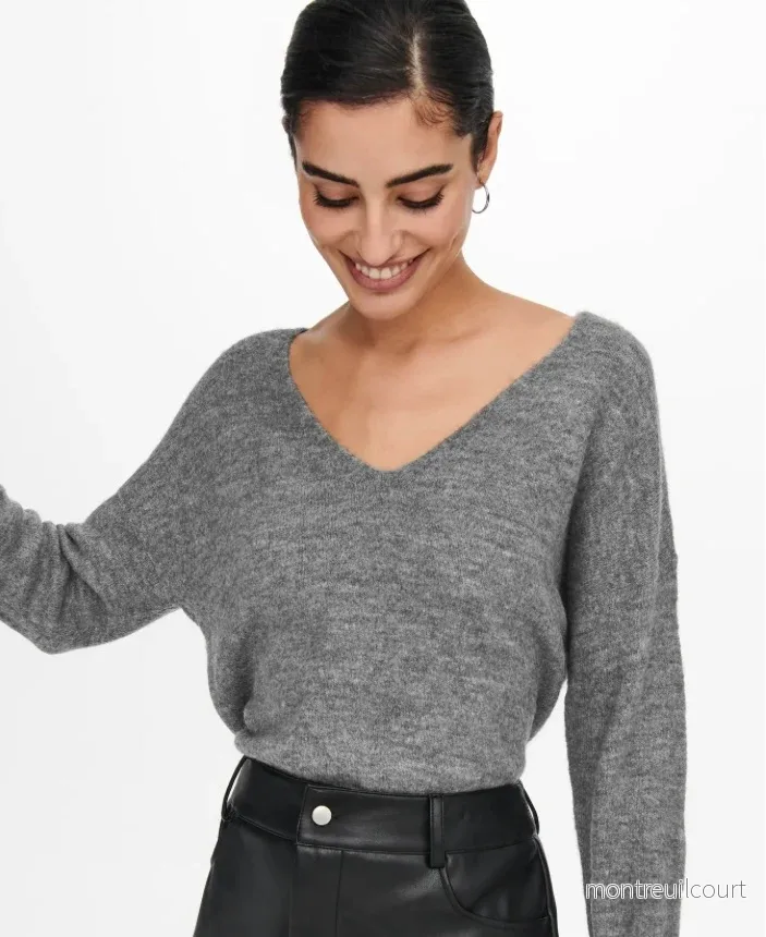 JDY – ELANORA L/S V-NECK PULLOVER – DARK GREY MELANGE