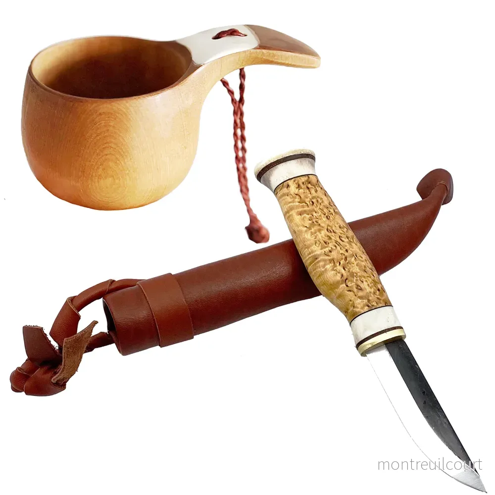 Friluftlivsset med skaftkåsa och Kniv masurbjörk kolstål Friluftlivsset med skaftkåsa och Kniv masurbjörk kolstål