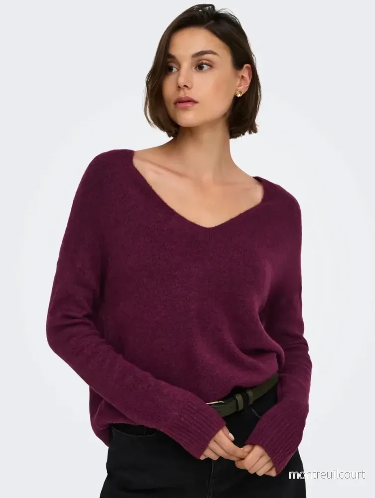 JDY – ELANORA L/S V-NECK PULLOVER – WINDSOR WINE MELANGE